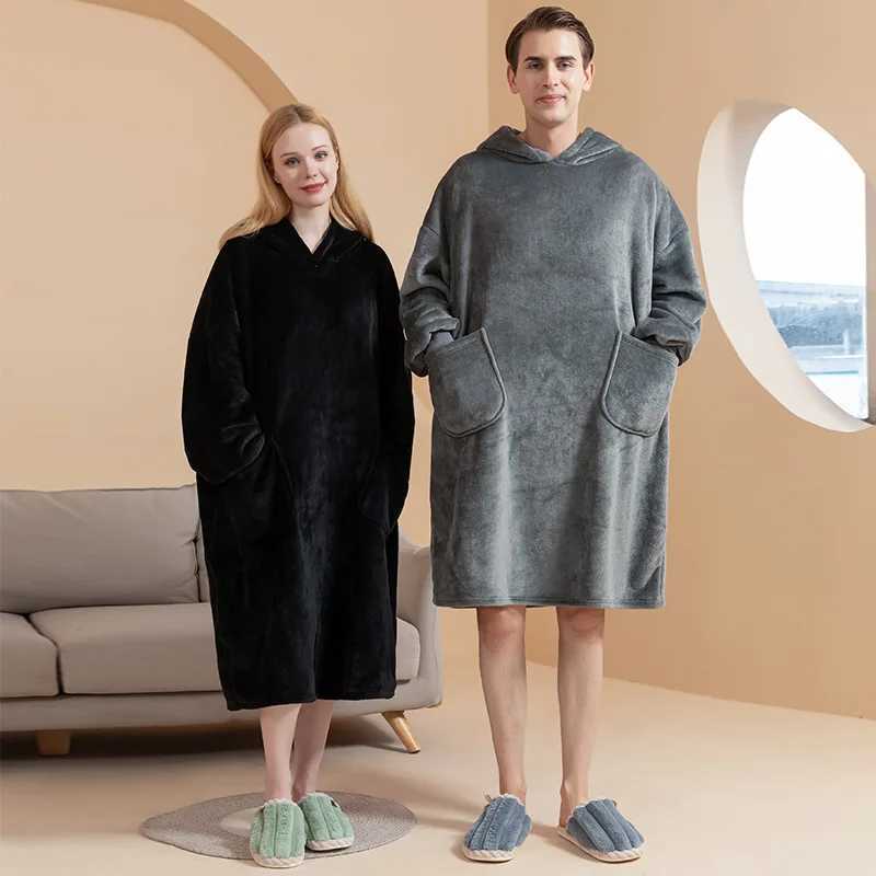 MenWomen Robe Winter New Flannel Nightwear Kimono Bathrobe Gown Hooded Sleepwear Home Dressing Gown Coral Fleece Lingerie C251104