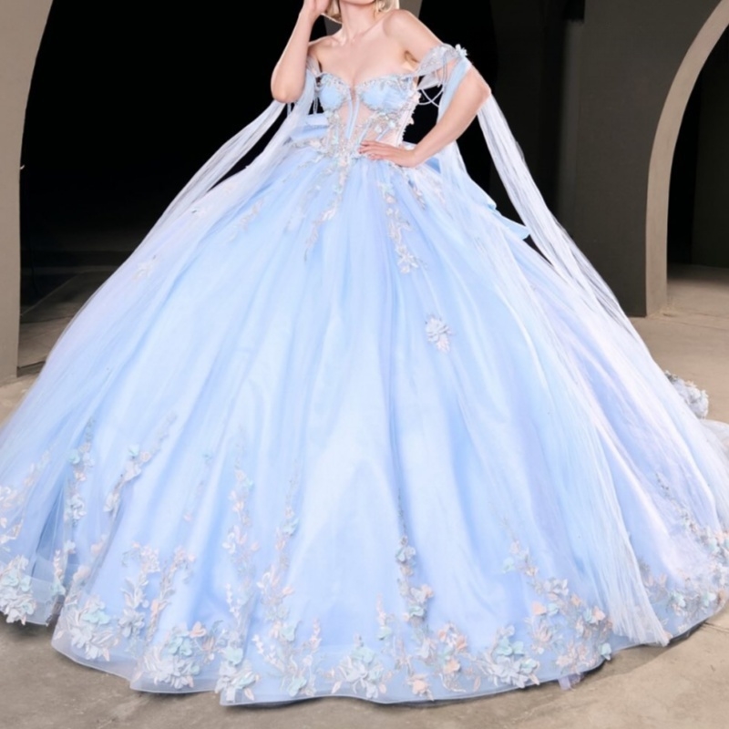 Sky Blue Shiny Quinceanera Dresses Off Shoulder Ball Gown Sweet 16 Dress Applique Flower Beads Tull Birthday Party Vestidos 15 Anos