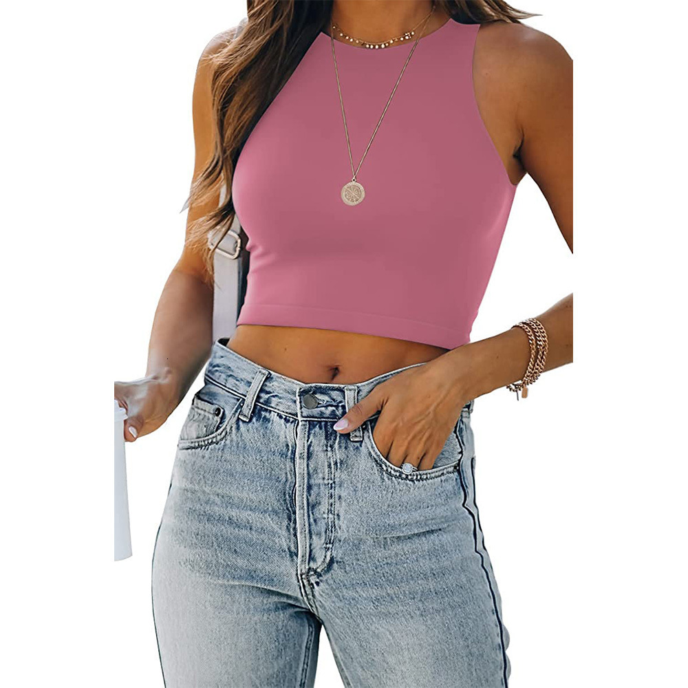 2025 Summer Solid New Sleeveless Round Neck Racerback T-shirt Women's Wear