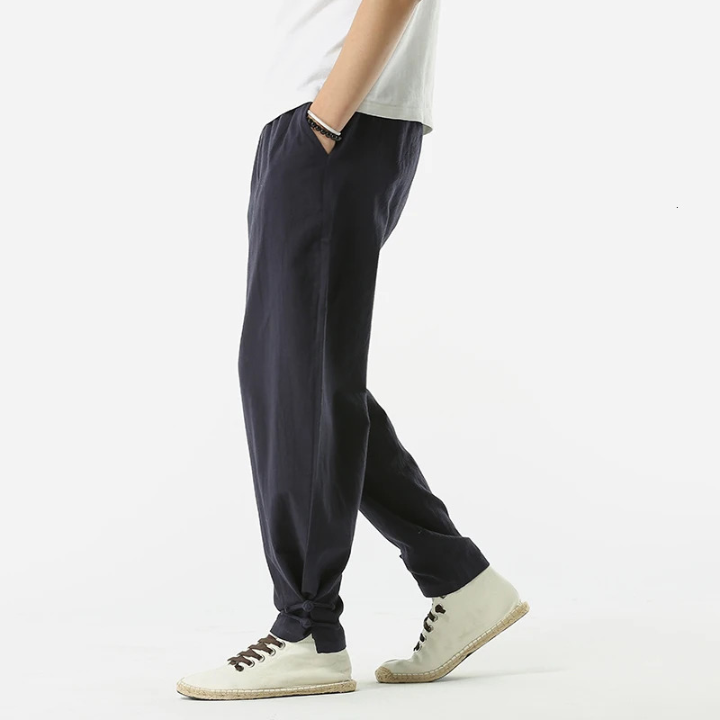 Fashionable Cotton Linen Pants Men Spring Summer Long Monk Binding Legs Zen Meditation Pants Streetwear Sweatpants 250402