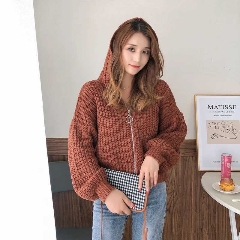 Casual Hooded Solid Color Lantern Sleeve Cardigan Sweater Fashion Zipper Loose Knitted Jacket Autumn New Womens Knitwear J251103