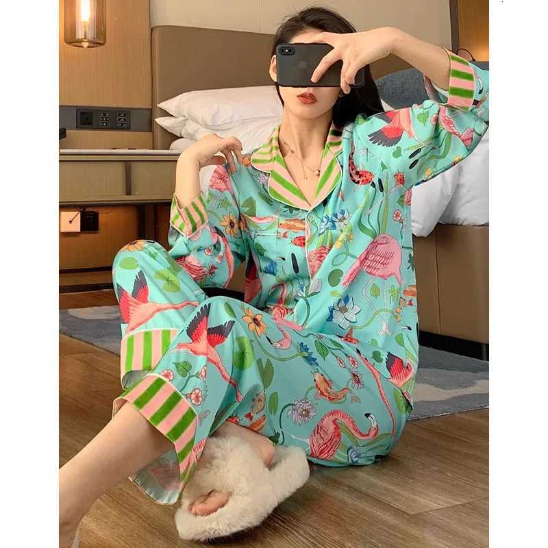 Designer Womens Pajamas Sets Spring Autumn 2 Piece Animal Print Pyjama Faux Silk Satin Sleepwear Long Sleeve Pijama Mujer Pjs Homewear Y251104