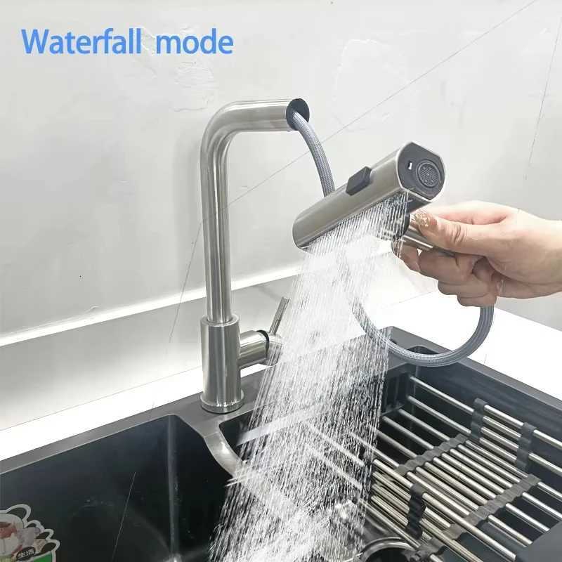 Black/Gray/Silver Pl-Out Kitchen Faucet Three Water Stream Sprayer Stainless Steel Hot and Cold Water Mixing Faucet Countertop Y251104