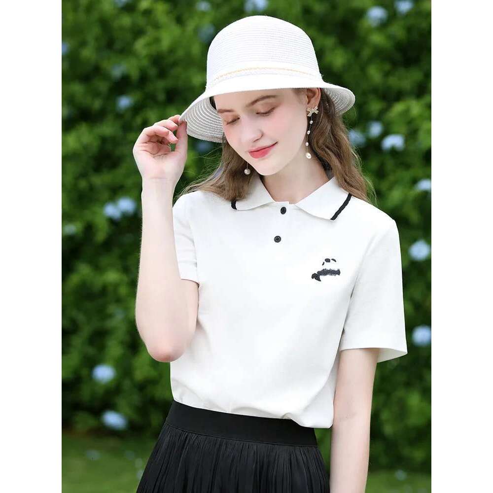 Breathable Sweat Women Tees Bead Ground Embroidery Polo Short Sleeve Summer New Slim T-Shirts Lady