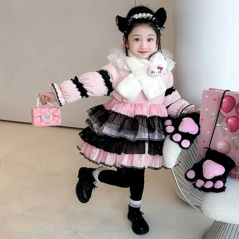 Sanrio Anime Hello Kitty Girl Lolita Long Down Jacket Dress Winter Thick Coat Bow Decoration Birthday Dress Halloween Gift H251104