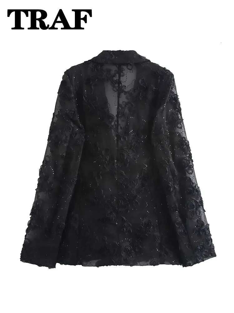 TRAF Elegant Sets Solid Color Sequin Decorative Semi Transparent Pants Wer Texture Blazer Top Set For Women 2 Piece