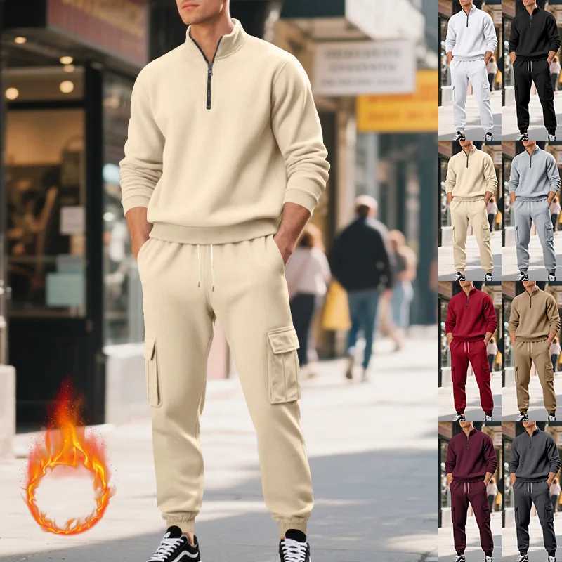 Autumn and winter new American mens clothing casual suit velvet standup collar zipper longsleeved sweater suit men J251104