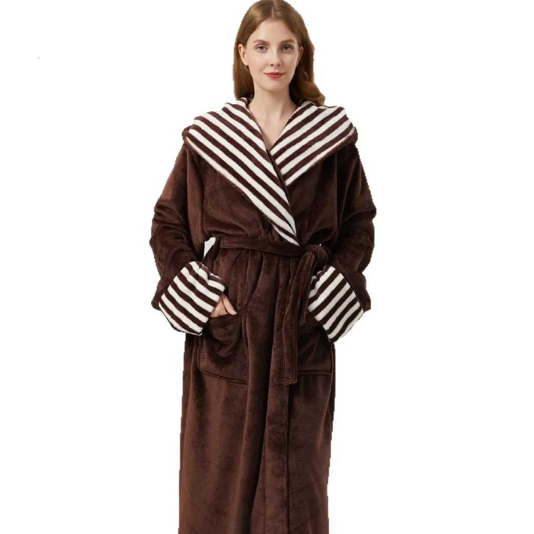 Autumn Winter New Couple Long Robe Flannel Stripe Sleepwear Home Clothes Loose Hooded Bathrobe Nightwear Coral Fleece Loungewear C251104