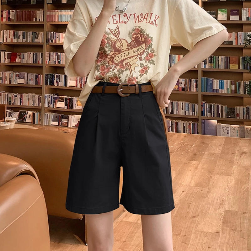 Summer womens wide leg shorts high waisted loose straight pants with waistband Korean casual buttons Bermuda 250401