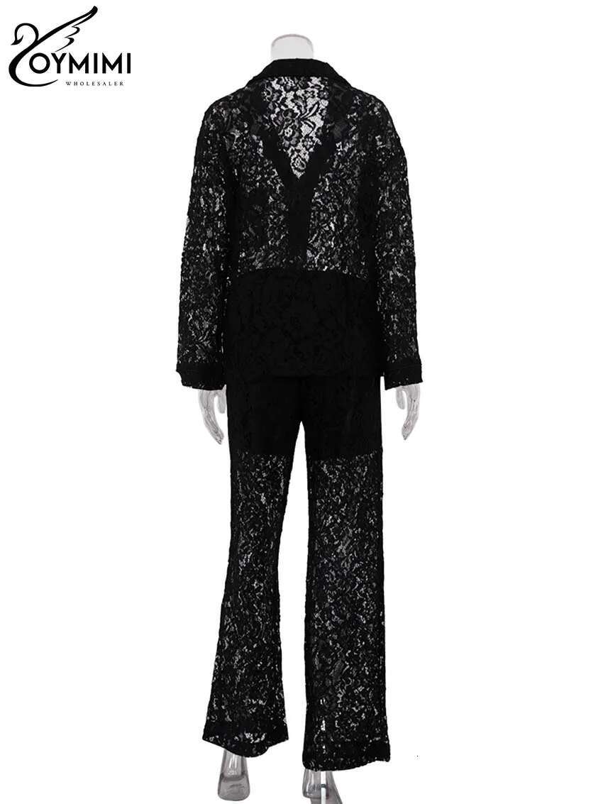 Oymimi Summer Pink Perspective Womens 2 Piece Casual Long Sleeve Button Shirts And High Waist Straight Trousers Female Sets