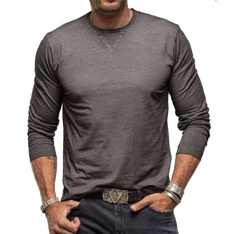 autumn and winter long sleeved round neck T-shirt men's earth pure cotton base shirt top 2025 new casual fashion trend clothing