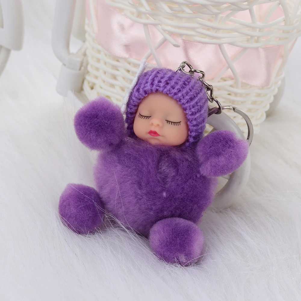 1 Pcs Cute Sleeping Baby Bowtie Fluffy Pompom Fur Plush Doll Keychain Keyring Key Ring Women Girls Bag Pendant JewelryW251103