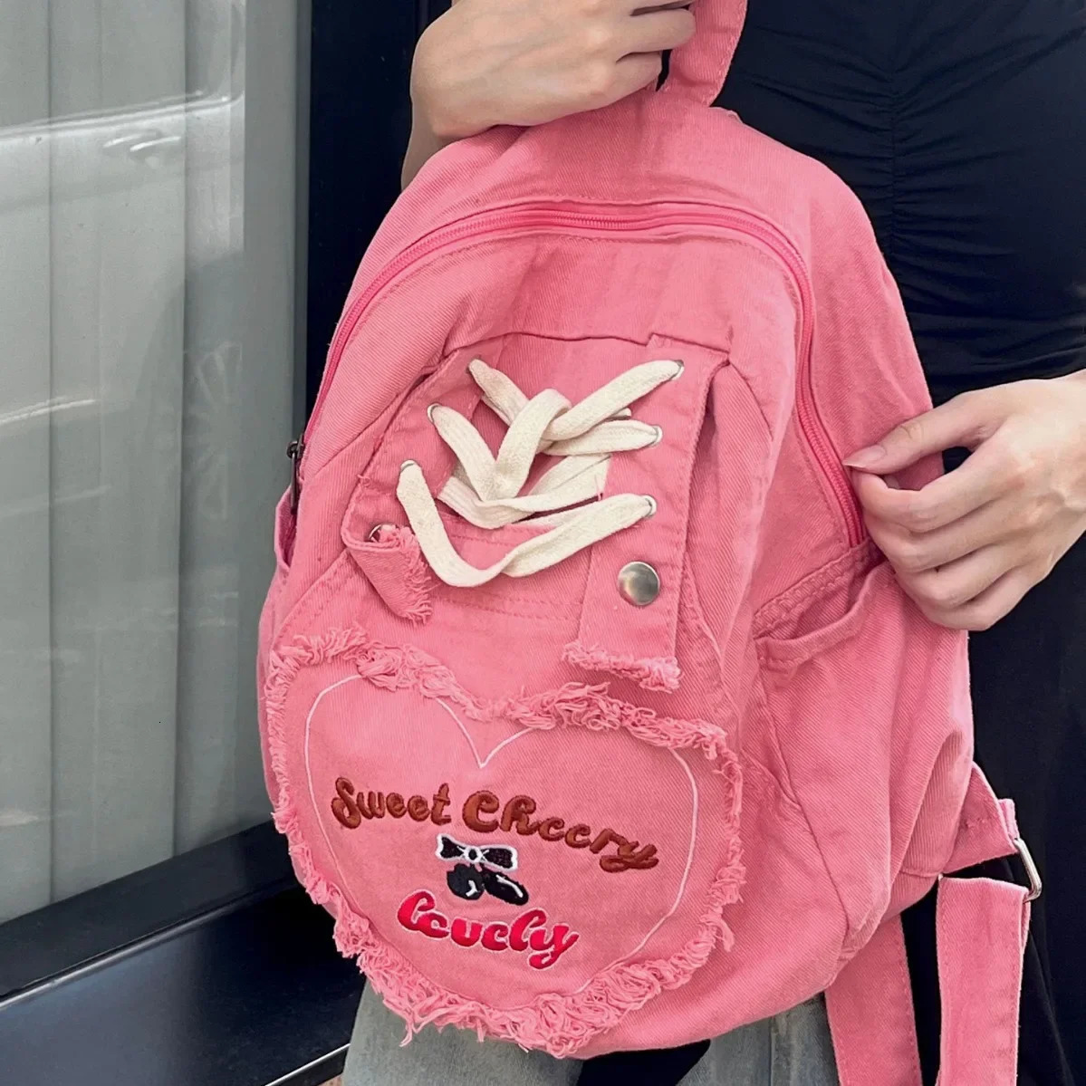 Cute Pink Denim Women Backpacks Large capacity shoulder Bags Girls School Embroidered letters daypacks Travel Jean Bagpack y251104