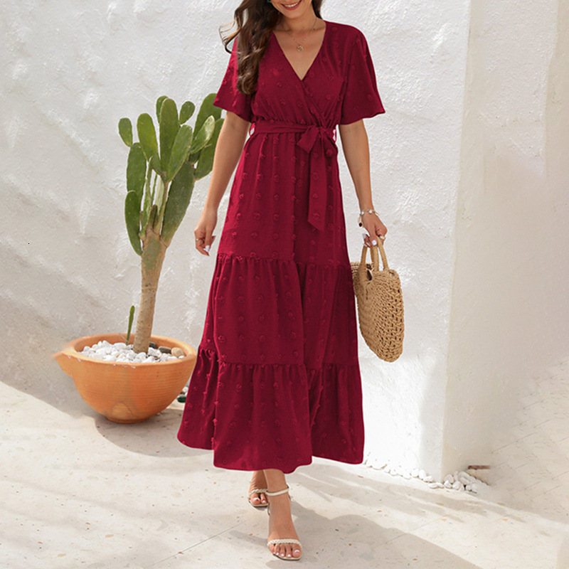 Womens 2025 Summer Bohemian Vacation Style Casual Loose Elegant V-neck Dress