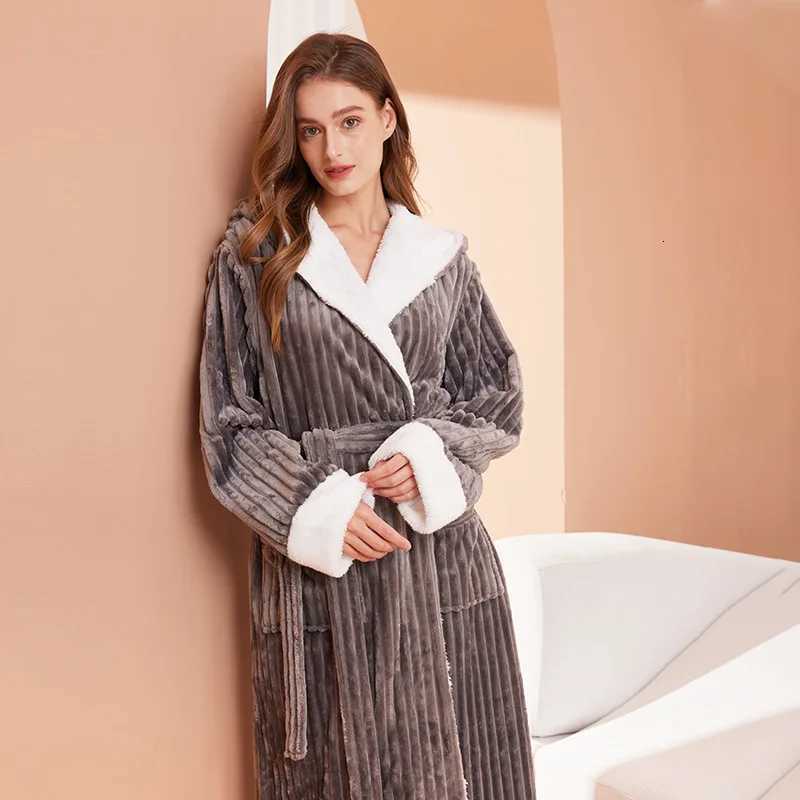 Women Winter Warm Robes Fluffy Fleece Dressing Gown Long Sleepwear Lounge Housecoat Flannel Stripe Hooded Bathrobe C251104