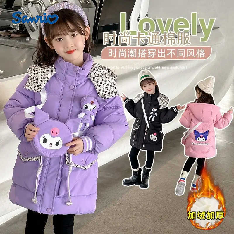 Sanrio Kawaii Winter Anime Kuromi Sanrios Kids Girls Cotton Jacket Long-Style Plush Hooded Thick Cute Down Jacket Cartoon Cotton Jacket H251104
