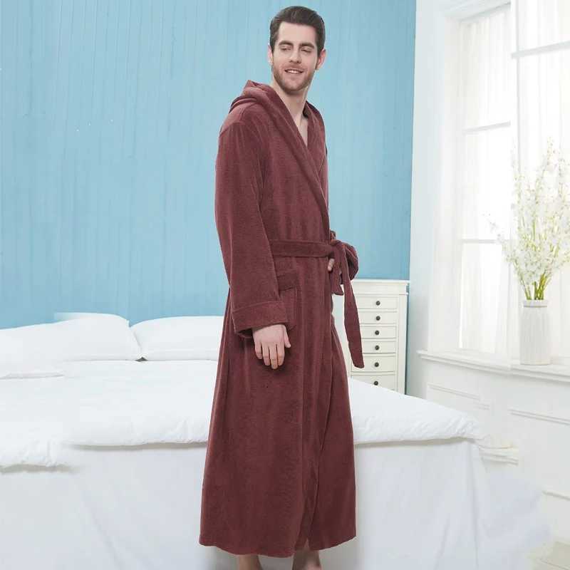 Men Bathrobe Winter Hooded Extra Long Thick Warm 100 Cotton Mens Robe Luxury Kimono Bath Robe Sleepwear Male Dressing Gown C251104