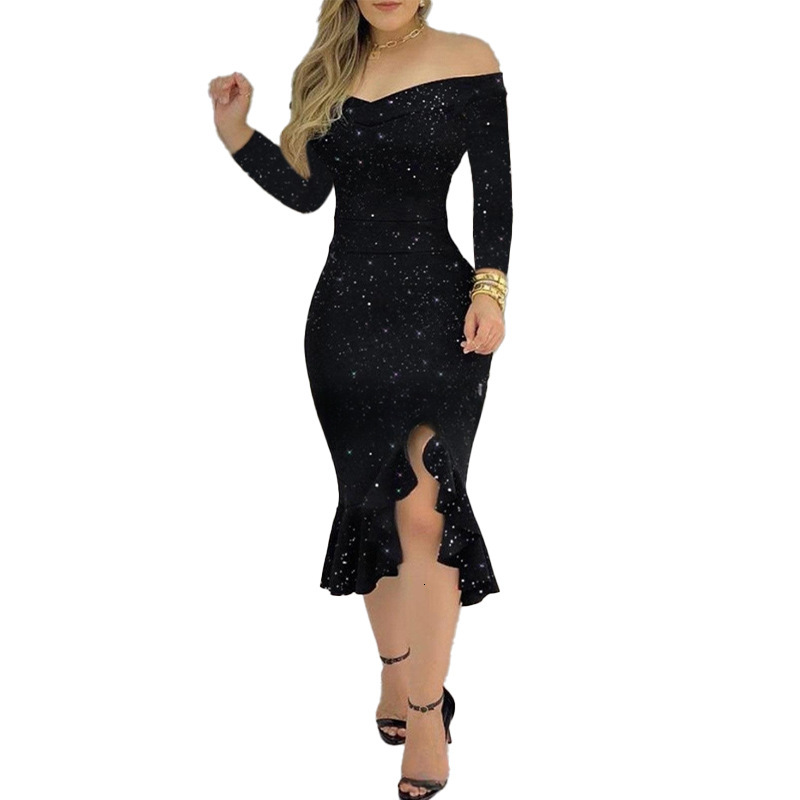 2025 autumn new sexy rhinestone long sleeved dress with waist cinching and slimming effect wrapped buttocks and fishtail dress