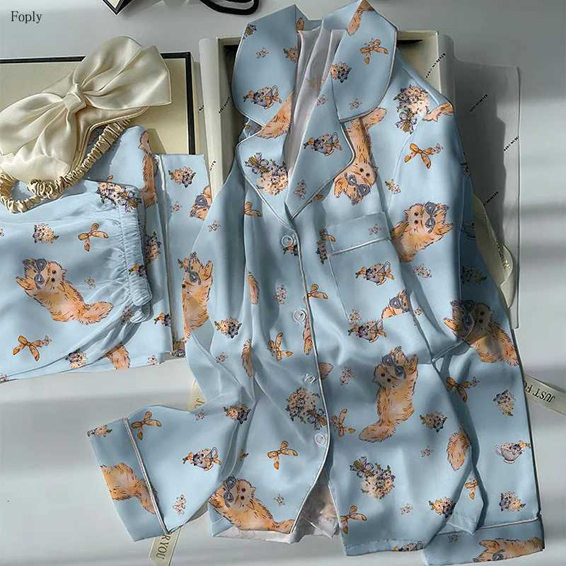 Designer Cartoon Cat Print Women Pajamas Two-piece Spring and Autumn Faux Silk Satin Pyjamas Ladies Pijama Sleepwear Women Loungewear Y251104