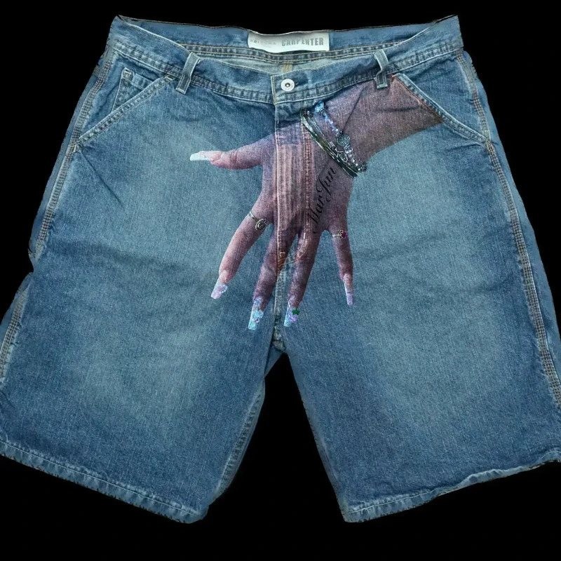 Retro hip-hop blue pocket handprint mens denim shorts Y2K Gothic Harajuku sports pants shorts pants 250402