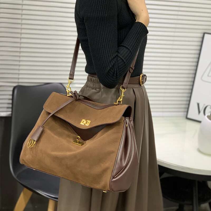 Retro Suede Crossbody Shoulder Bag,Brown Large Capacity Buckle Square Women Handbag,Autumn Winter Commuter Messenger Bags