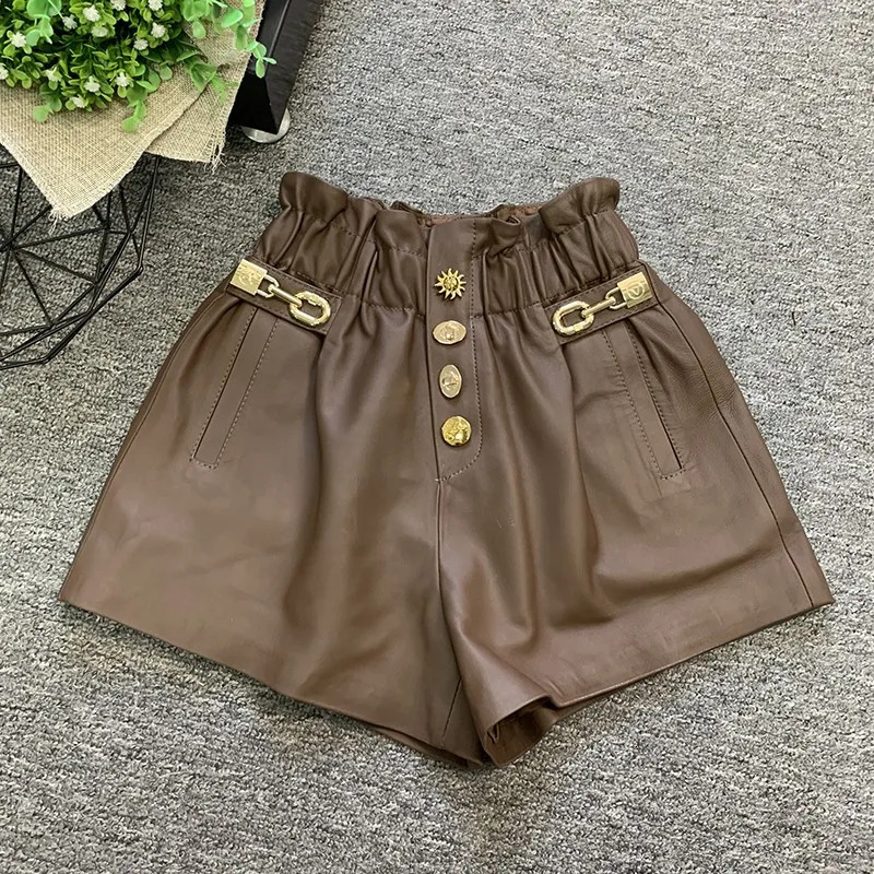 Womens elastic waist wide leg shorts casual metal button leather soft sheepskin 250401