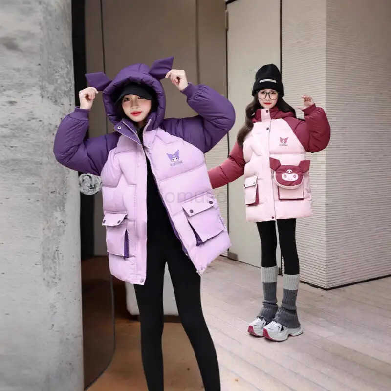 Sanrio Girl Child Cotton Clothes Kuromi Hooded Velvet Thicken Kawaii Anime Figure Childrens Clothing Autumn Winter New Jacket for Kids H251104