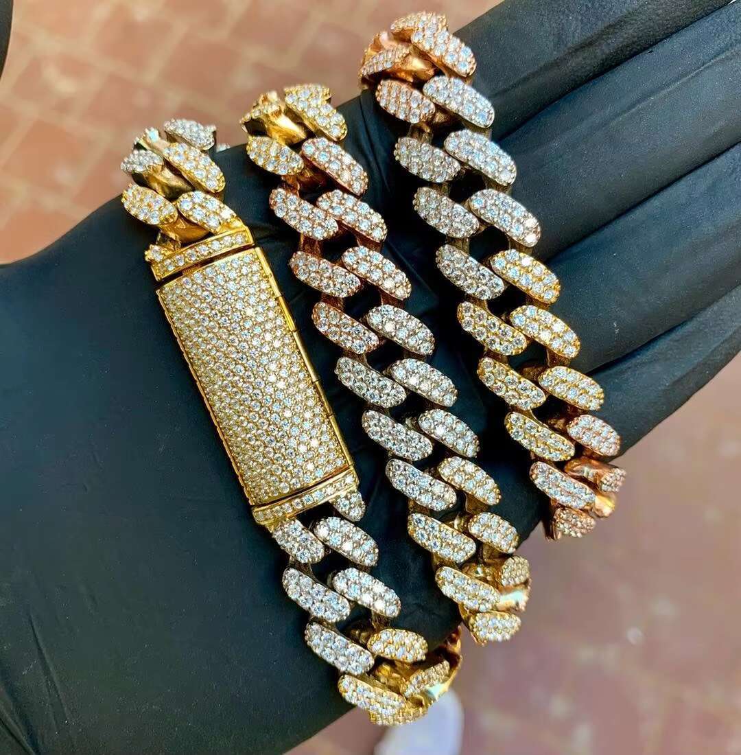 Fashion Gold Plated S Sterling Sier Dia Moissanite Links Iced Out Cuban Chain Necklace