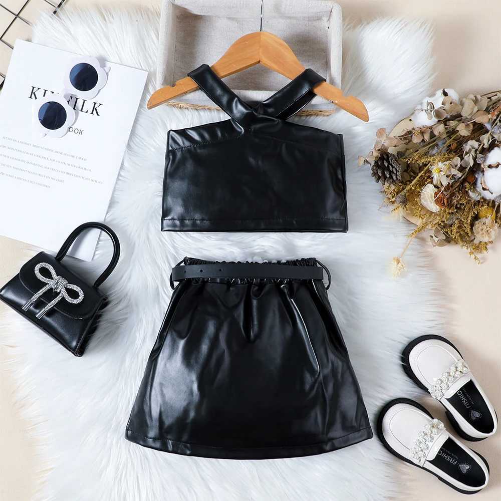 Summer Children Girl Clothes Street Fashion PU Leather Halter Short Vest+Skirt with Belt 3pcs Suit Kids Girls Set For 1-6 Years J250403