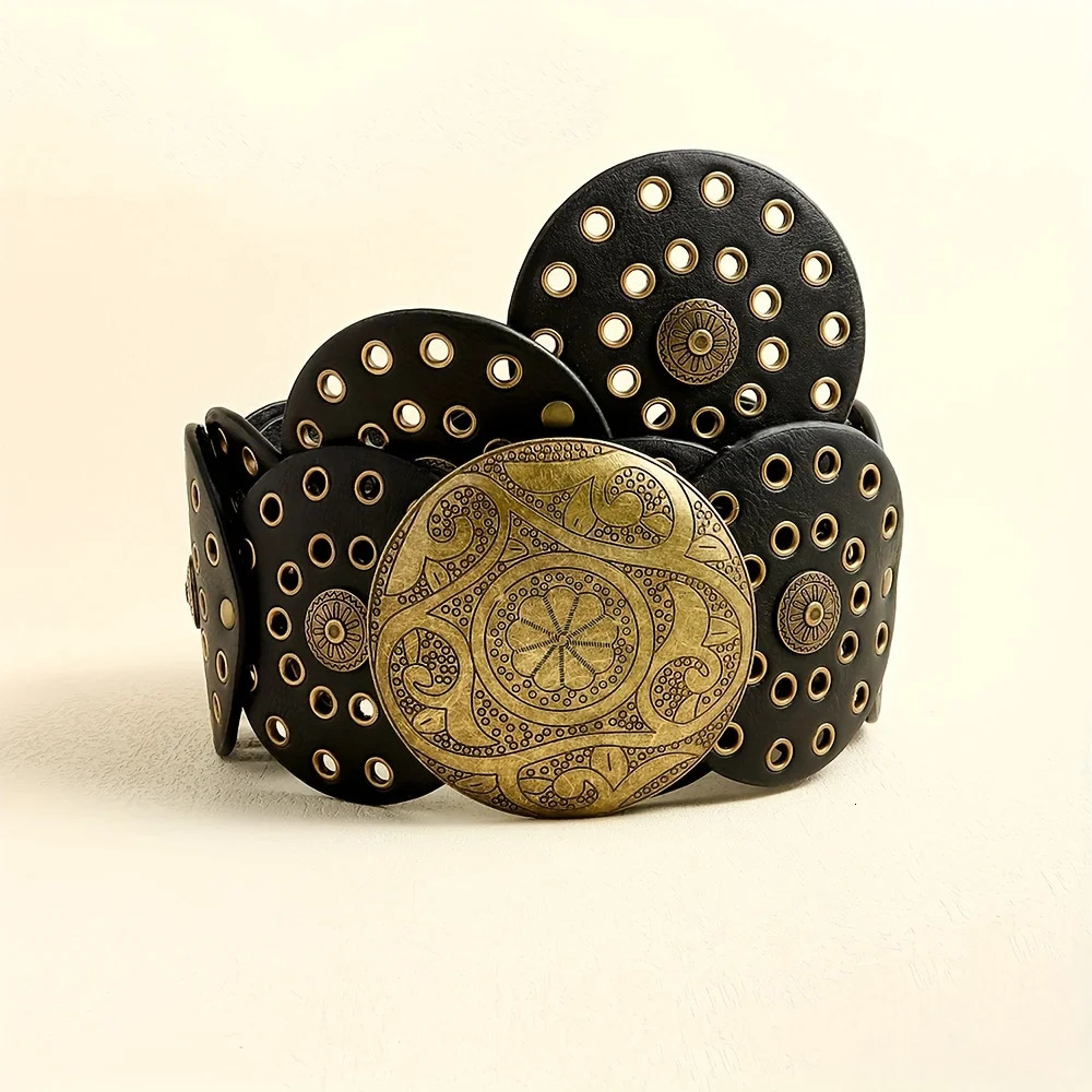 Western Cowboy Wide Golden Rivet Steampunk Circles PU Leather Waistband Vintage Large Round Buckle Waist Belt Girdle For Women 250403