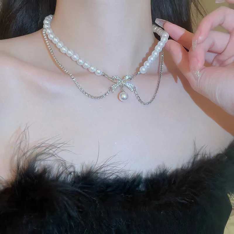Kpop Irregular Bow Chain Necklaces Y2K Zircon Crystal Beads Tassel Necklace Aesthetic Double Chain Choker Necklaces Jewelry GiftXJ251104