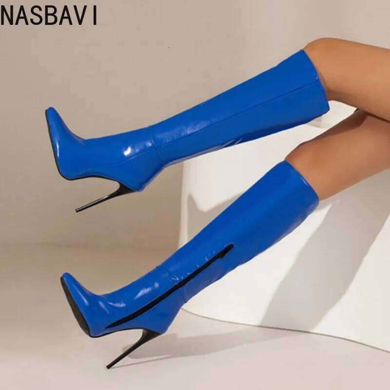 NASBAVI Women's Knee High Boots Sexy Red Blue Black Heeled Long Boot Female Large Size 48 Autumn Winter Party Shoes Ladies