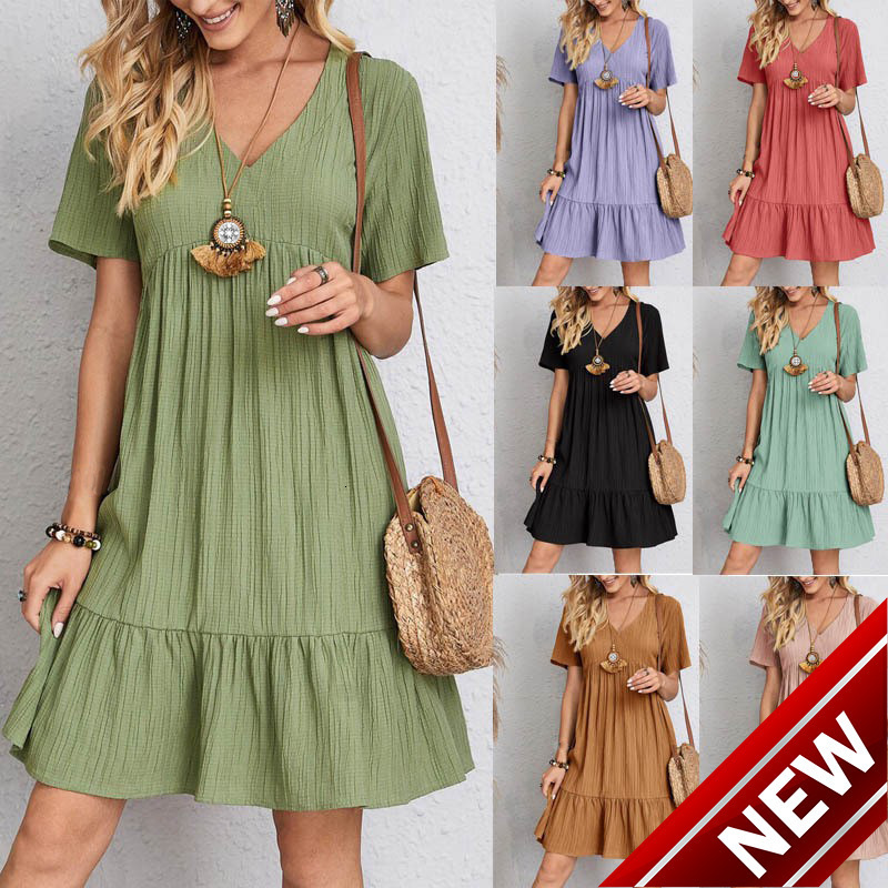 Summer 2025 womens dress loose casual short sleeved waist flowing dress