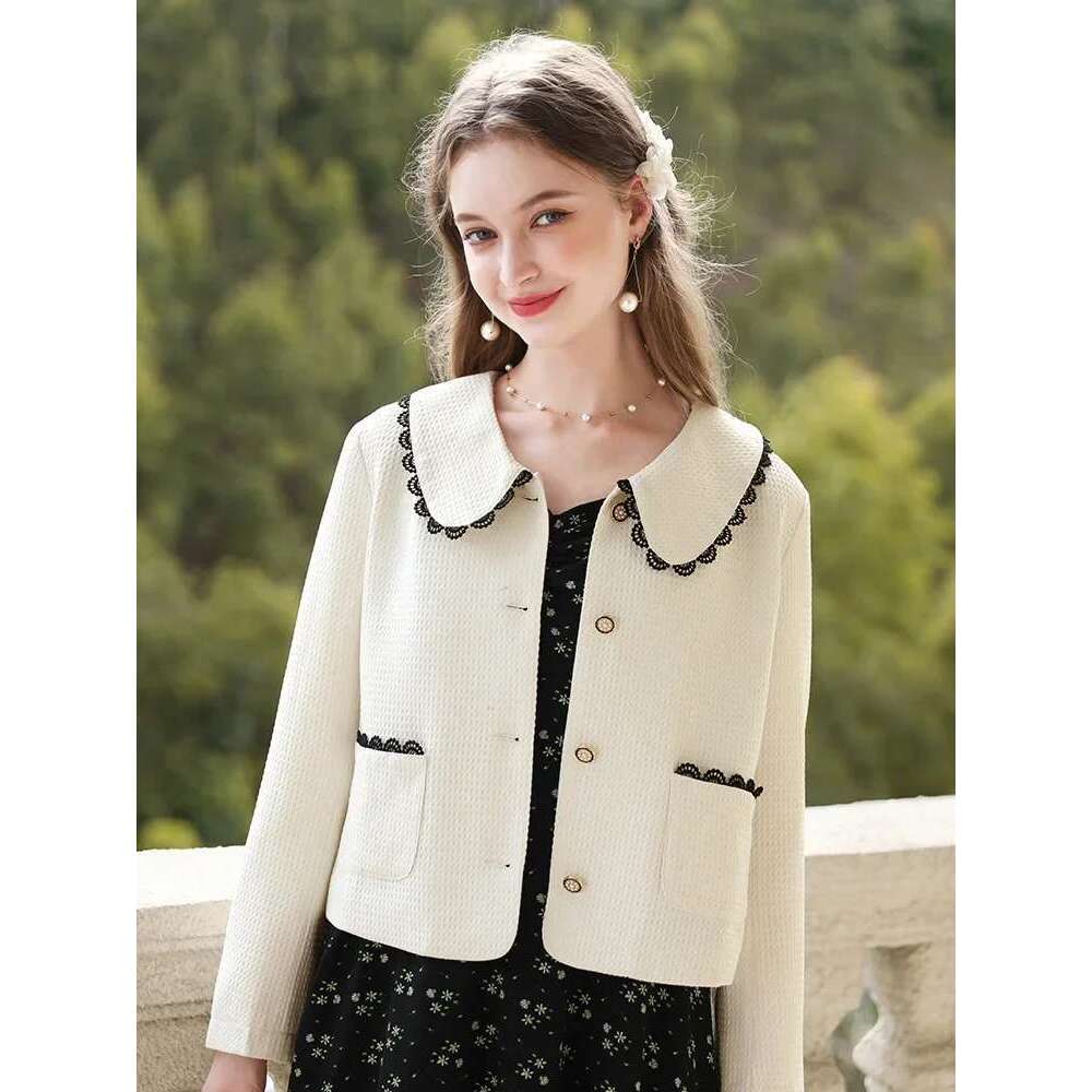 Fall Clothes Women White Elegant French Vintage Jackets Solid Short Lace Cardigan Winter Coats