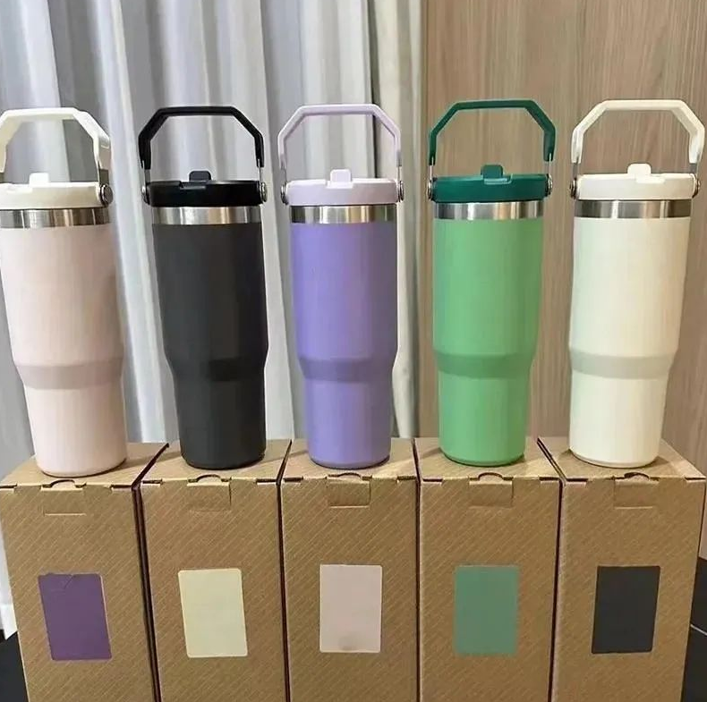 US STOCK 30Oz Stainless Steel Tumblers With flip Straw Handle Outdoor Large Capacity Car Mugs Leakproof Flip