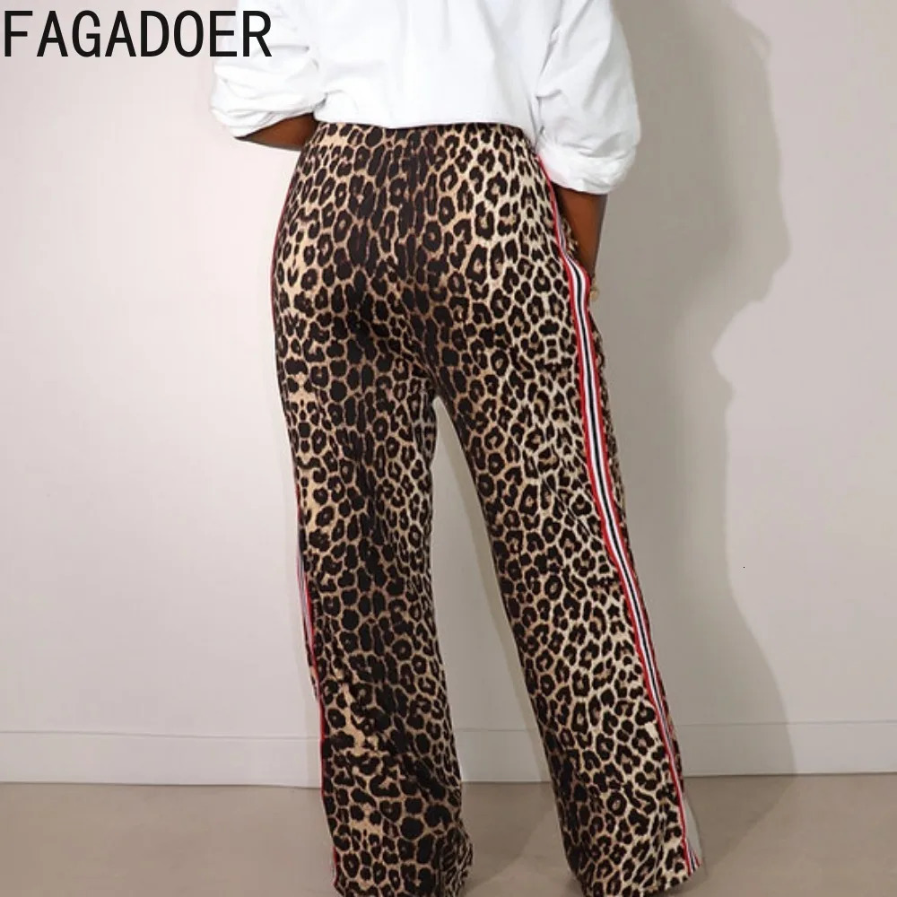 FAGADOER Casual Leopard Print Straight Pants Women Drawstring Stripe Patchwork Wide Leg Pant Trousers Female Streetwear Bottoms 250403