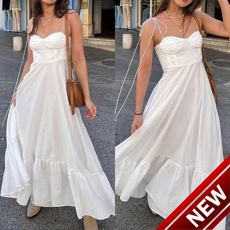 Womens 2025 Spring/Summer New Solid Color Strap Bag Chest Big Swing High Waist Splicing Dress