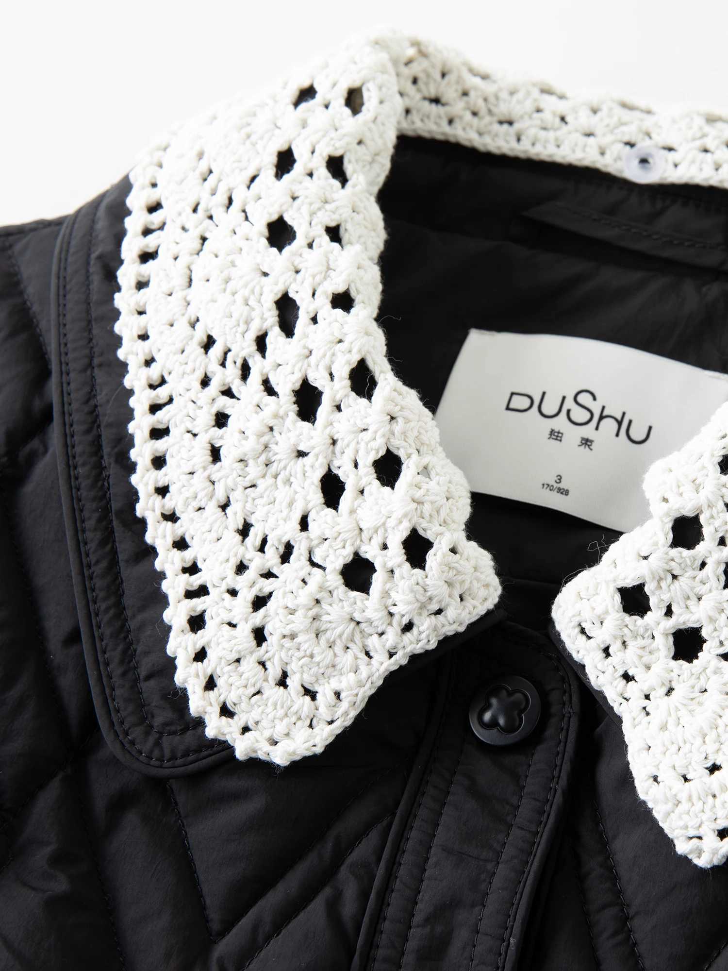 DUSHU Plus Size Womens Quilted Down Coat with Crochet Lace Collar Winter 2025 Fashion Warm Short Puffer Jacket Outerwear J251104