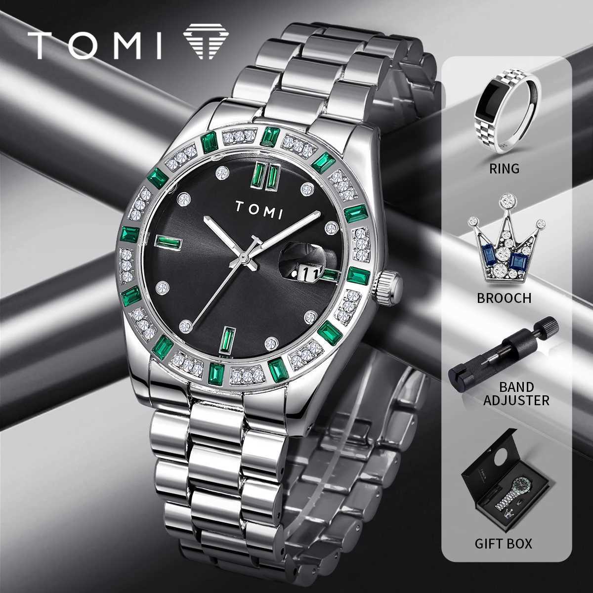 TOMI 4PCS Luxury Business Mens Watch Gift Box Set Luxury Diamond Case Calendar Stainless Steel Strap Quartz Watch Mens ClockT251104