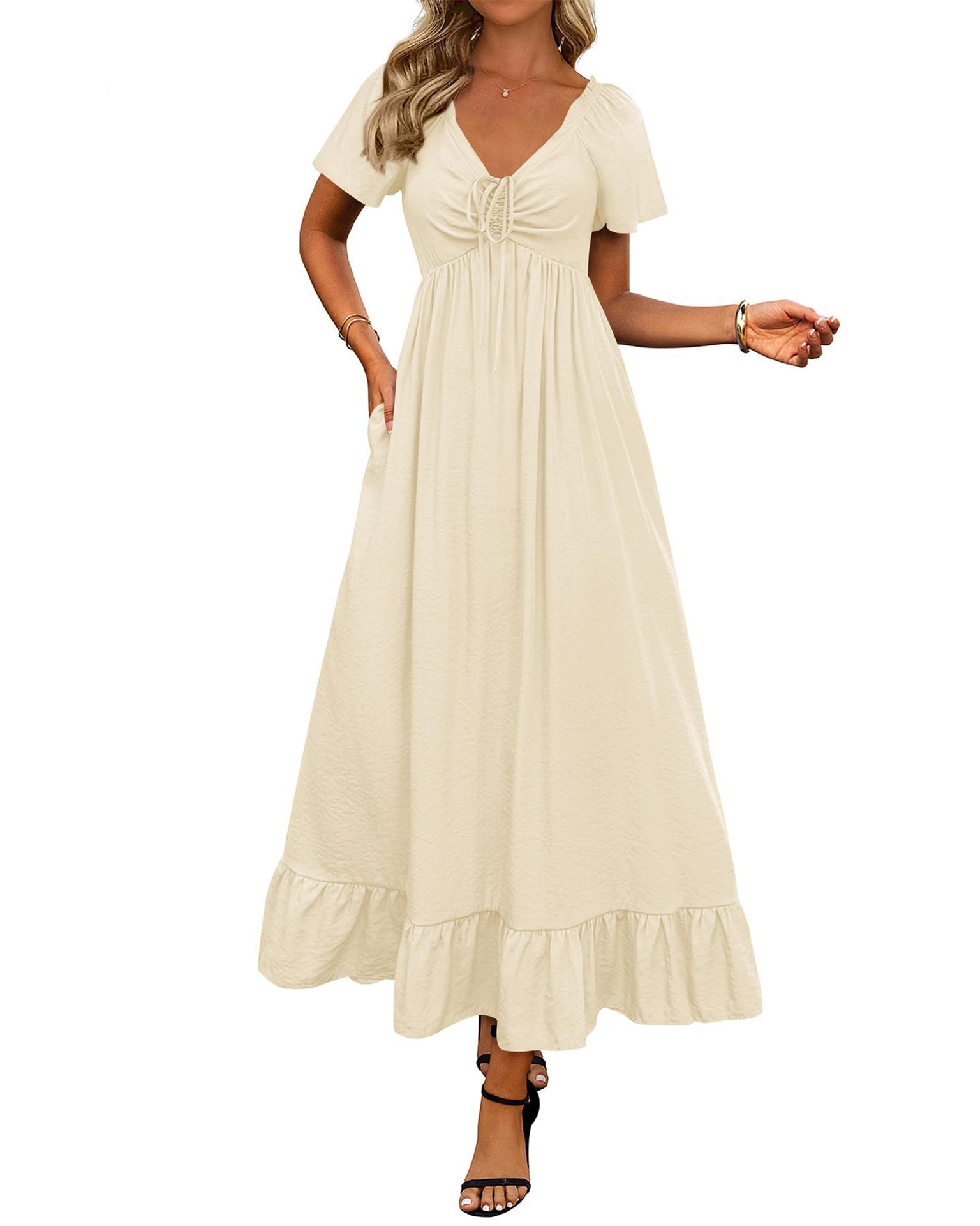 2025 New Fashionable Casual and Elegant V-neck Lace up Large Swing Dress for Womens Summer Style