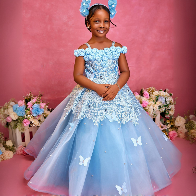 2025 Aso Ebi Blue Flower Girl Dresses Children Birthday Dress Illusion Spaghetti Straps Flora Appliqued Lace Tiered Tulle Princess Queen Ball Gown For