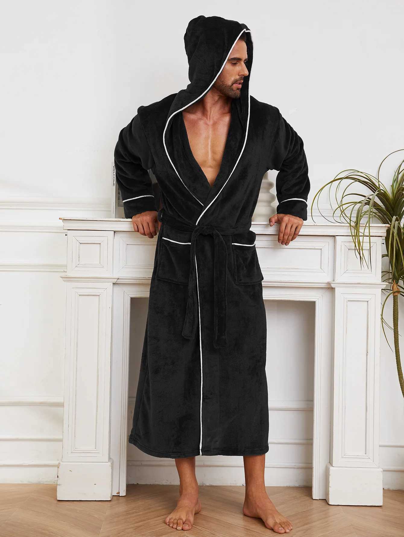 Winter Mens Bathrobe Solid Turn Down Collar Kimono with Sashes Long Sleeve Flannel Long Warm Bath Robe for Man 2025 C251104