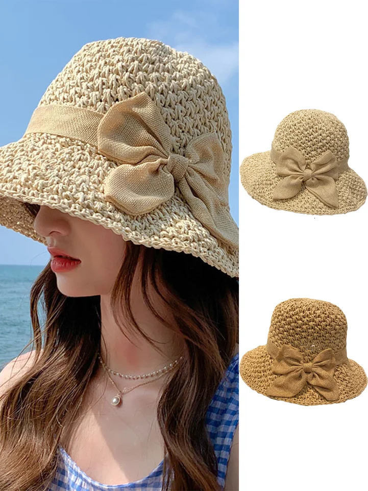 Handmade Straw Hat for Women Summer Fashion Bowknot Foldable Sunscreen Panama Lady Sweet Wide Brim UV Sunscreen Beach Cap Girl 250326