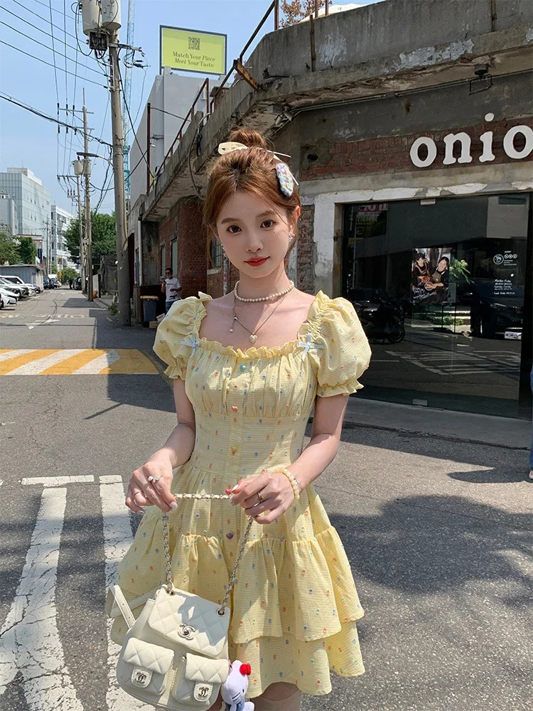 High Quality Selling Yellow Square Neck Bubble Sleeve Polka Dot Dress Women French Sweet Waist Cinching Dress Vestido Y2k 250403