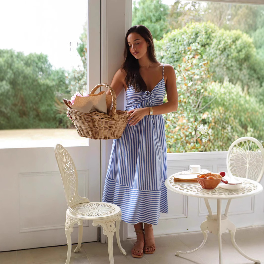 2025TK new striped sleeveless V-neck sexy half bag chest strap patchwork suspender dress