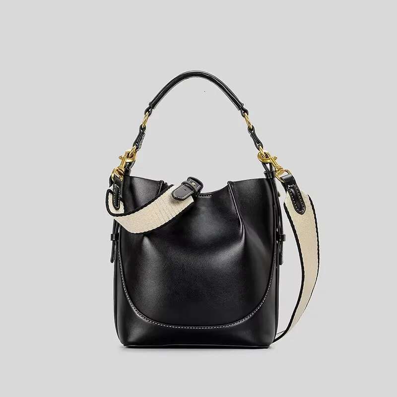 2025 New Fashion Splicing Canvas Bucket Bag Designer Women's Handbag Pu Leather Shoulder Width Strap Handbag2