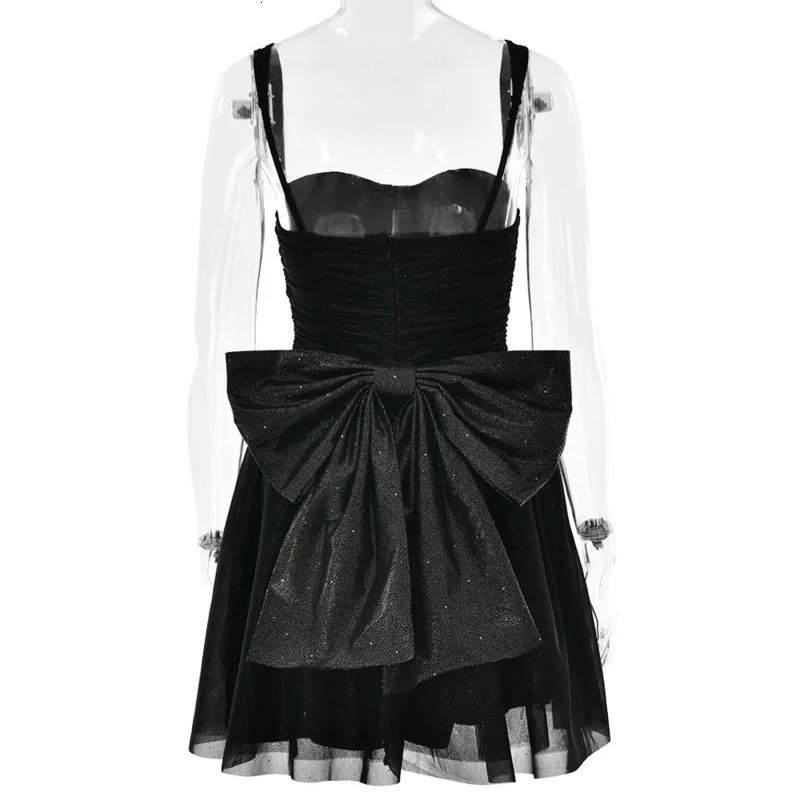 Townlike Bow Sparkle Glitter Sexy Party Dress Women Spaghetti Strap Mini Spring Summer Dress Waist Wrap A-line Dresses 250401
