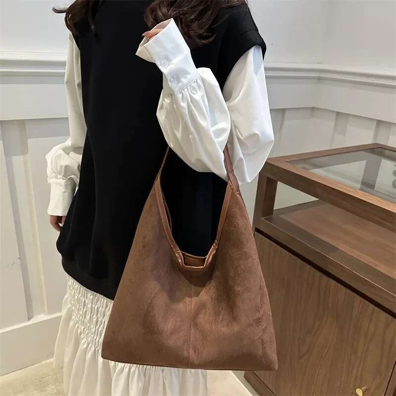 Vintage Faux Suede Tote Bags for Women Large Capacity Shoulder Ladies Underarm Bag Casual Simple Commuter Female Handbags