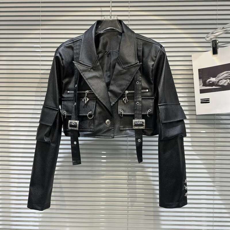 PREPOMP 2023 Autumn New Arrival Multi Pockets Bandage Black Pu Faux Leather Jacket Women GL806