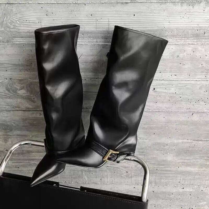 Luxury Black Heel Cowboy Long Women 2025 Winter Y2K Metal Buckle Designer Knee High Boots Woman Leather Pipe Booties